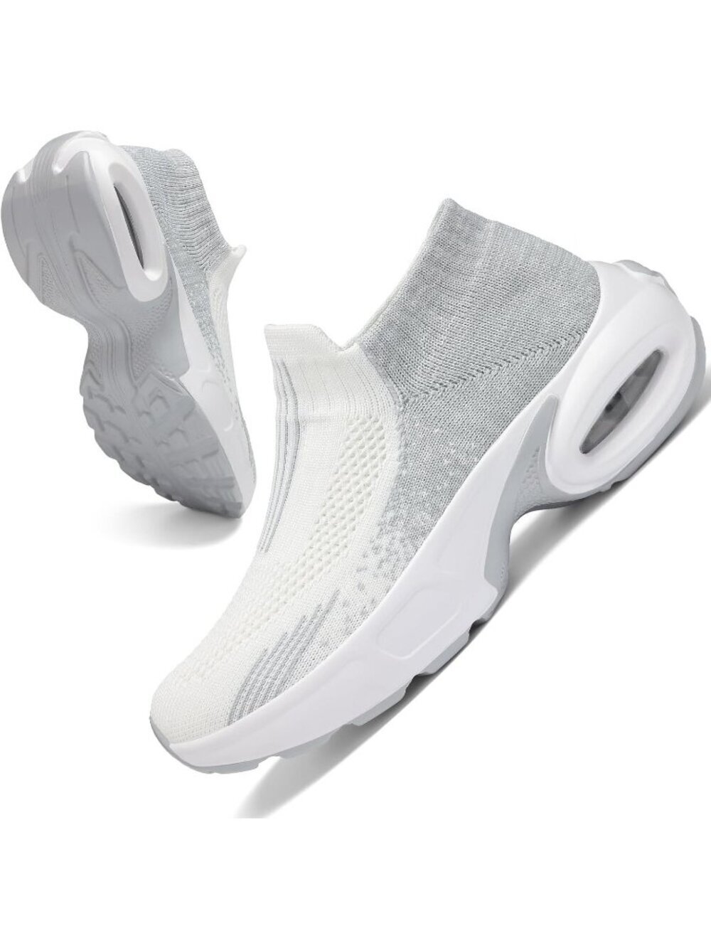 Women's White Grey Mesh Light Weight Pull-On Air Cushion Slip on Walking Sneaker